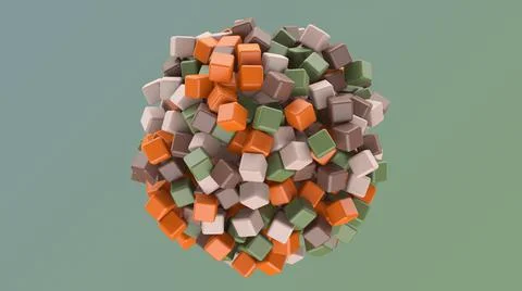 Sphere with orange, green, brown cubes. Abstract illustration, 3d render. Stock Illustration