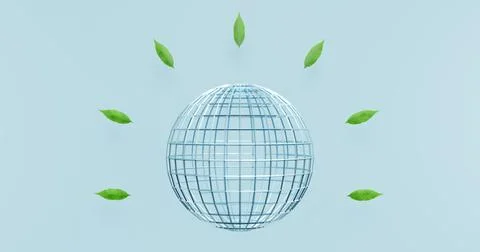 Sphere planet, globe with a grid with leaves on a blue background. Illustrazione stock