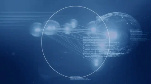 Sphere pulsing sparking glowing circular ring linking node spheres via beams 스톡 동영상 311416905