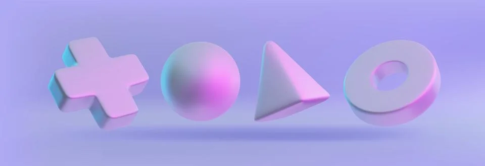Sphere, ring, cone and cross volume shapes 3D models, geometric figures glossy Stock Illustration