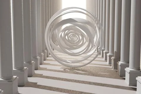 Sphere in the sharpening of large stone rings from white marble. 3d rendering Stock Illustration