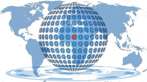 Sphere of @ signs over HUD elements - world map background Illustrazione stock