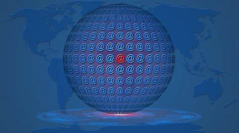 Sphere of @ signs over HUD elements in light effects - world map background Illustrazione stock