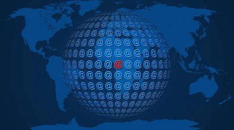 Sphere of at signs  - world map background Ilustração Stock