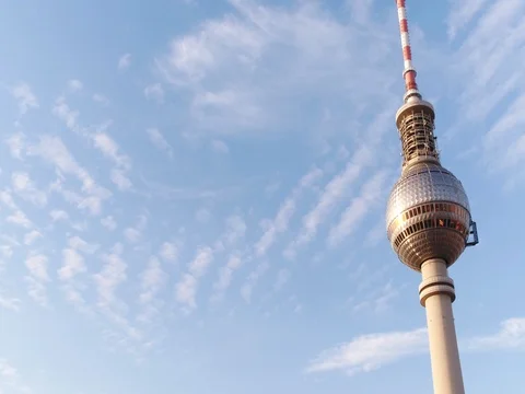 The sphere of the tv tower in summer and blue sky, Berlin, aerial. Video stock 79968512