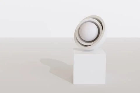 Sphere within two semi spherical caps on a cube with white background. Abstra Stock Illustration
