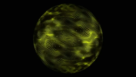 Sphere, yellow color, grid of dots, many, waves, sand, dust, particles, oncoming Stock Footage 236088877