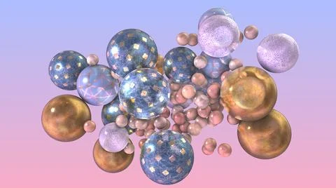 Spheres 3D render abstract geometric balls. Pink, blue, gold Stock Illustration