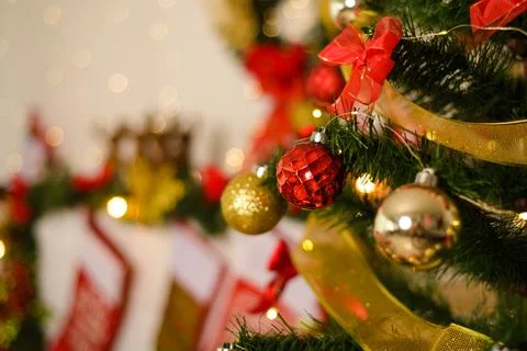 Spheres and other decorative elements of a Christmas tree. Artificial Chris.. Stock Photos