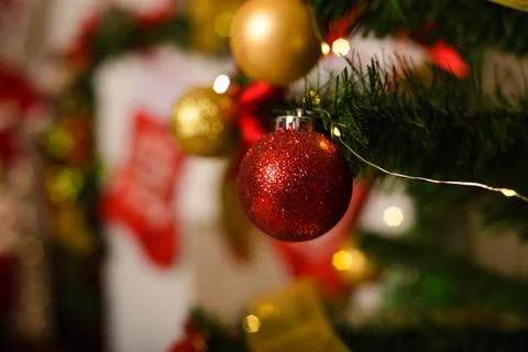 Spheres and other decorative elements of a Christmas tree. Artificial Chris.. Stock Photos