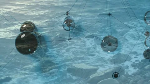 Spheres appearing over sea, nodes shifting right, rotating, reshaping lines, Stock Footage 333790423