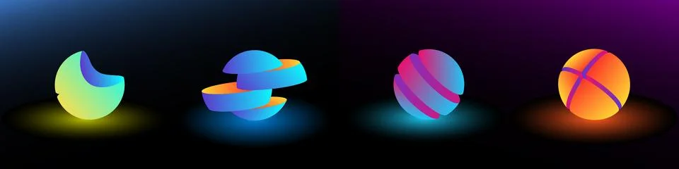 The spheres on a black background emit soft blue and orange light Stock Illustration