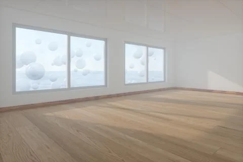 Spheres floating on the sea,empty room,abstract conception,3d rendering. Stock Illustration