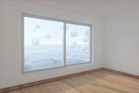 Spheres floating on the sea,empty room,abstract conception,3d rendering. Stock Illustration