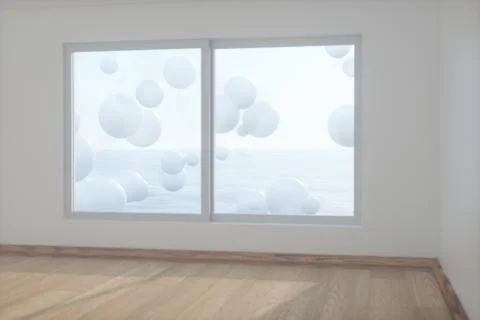 Spheres floating on the sea,empty room,abstract conception,3d rendering. Stock Illustration