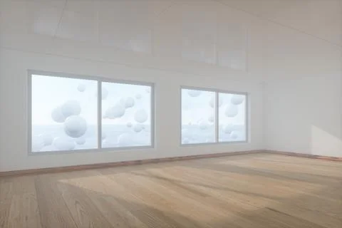 Spheres floating on the sea,empty room,abstract conception,3d rendering. Stock Illustration