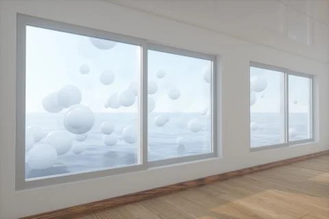 Spheres floating on the sea,empty room,abstract conception,3d rendering. Stock Illustration