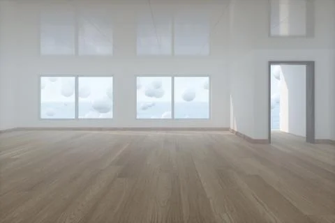Spheres floating on the sea,empty room,abstract conception,3d rendering. Stock Illustration
