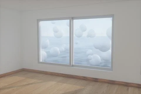 Spheres floating on the sea,empty room,abstract conception,3d rendering. Stock Illustration