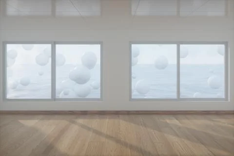 Spheres floating on the sea,empty room,abstract conception,3d rendering. Stock Illustration