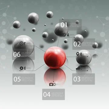 Spheres in motion on gray background. Red sphere with infographic elements for Illustrazione stock