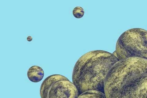 Spheres with the textured surface, random distributed, 3d rendering. Ilustração Stock
