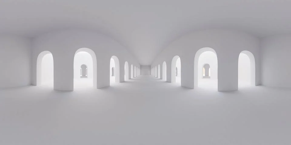 Spherical 360 degrees panorama of empty blank white studio with bright day 库存插图