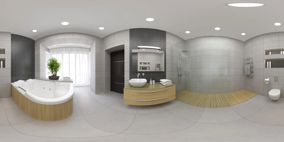 Spherical 360 panorama projection Interior of the modern bathroom 3D renderin Stock Illustration