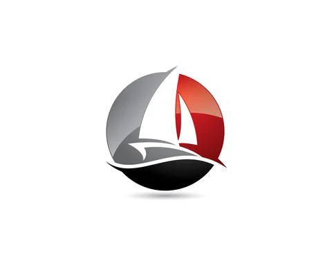Spherical boat yacht in negative space logo with sun shining on summer ocean wav Stock Illustration