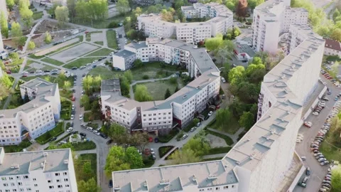 Spherical buildings, blocks of flats. Brutalist achitecture. Stock Footage 145994543