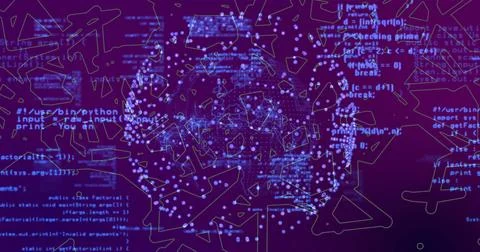 Spherical cluster glowing nodes linking lines in data space with code snippet 库存照片