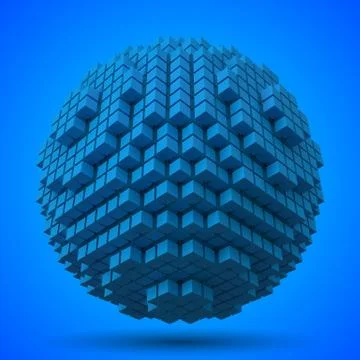 Spherical data block. made with blue cubes. 3d pixel style vector illustration. Stock Illustration