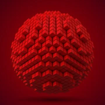 Spherical data block. made with red cubes. 3d pixel style vector illustration. Stock Illustration
