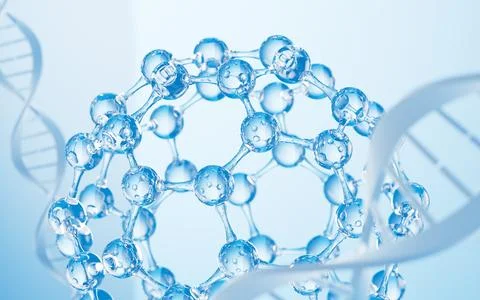 Spherical molecular structure and DNA, 3d rendering. Stock Illustration