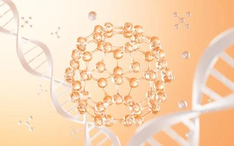 Spherical molecular structure and DNA, 3d rendering. Stock Illustration