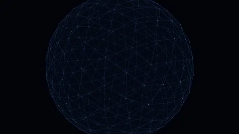 Spherical network of interconnected glowing white nodes and thin blue lines.. Видео 345981417