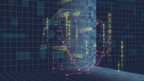 Spherical network rotating, pulsing as data panel sliding in causing binary Stock Footage 334729270