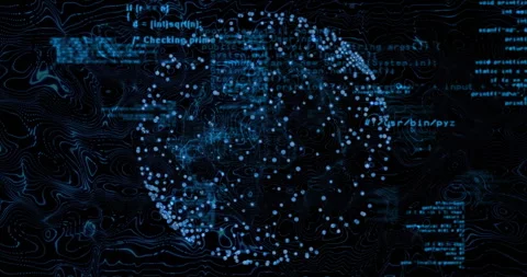 Spherical network showing glowing blue nodes pulsing with floating code snippets Stock Footage 309144364