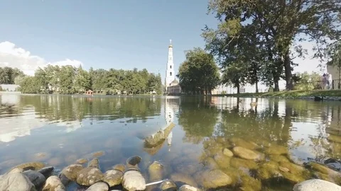 Spherical Panorama Tiny Planet. Gulls in a pond Monastery Stock Footage 71206071