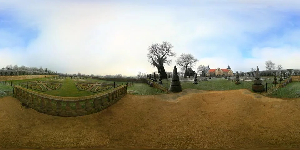 Spherical panorama from winterly palace grounds of Hundisburg Castle in Ger.. Stock Photos
