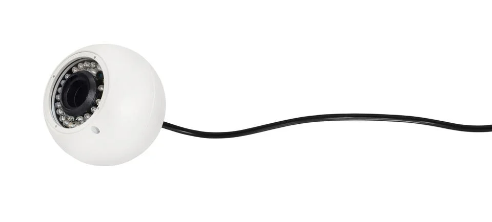 Spherical white security camera with blsck wire. Isolated on white background Stock Photos