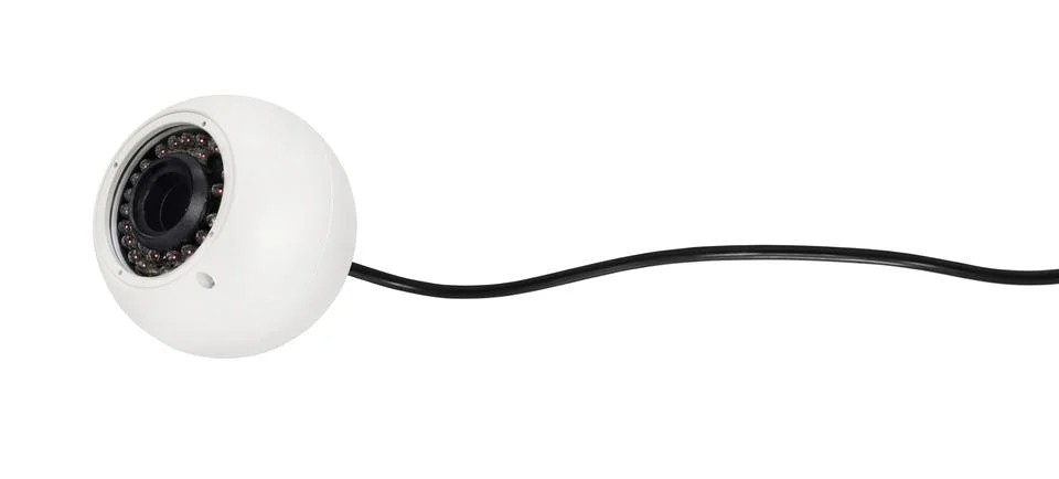 Spherical white security camera with blsck wire and luminous backlight. Isola Stock Photos