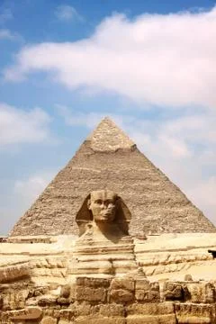 Sphinx and the great pyramid Stock Photos