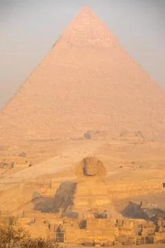 Sphinx and great pyramids Stock Photos