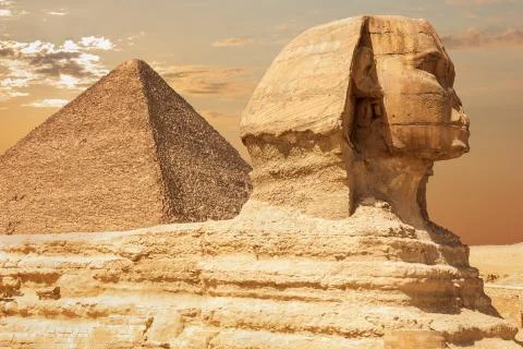 The Sphinx and the Pyramid of Cheops, close view, Giza, Egypt Stock Photos