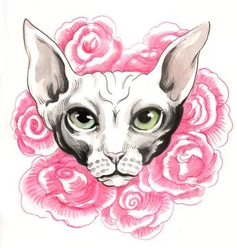 Sphinx cat and roses Stock Illustration