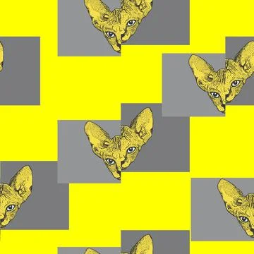 Sphinx cat geometric seamless pattern sketch graphics on yellow background Stock Illustration