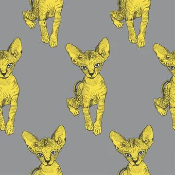 Sphinx cat seamless pattern sketch graphics on grey background. Prints for Stock Illustration