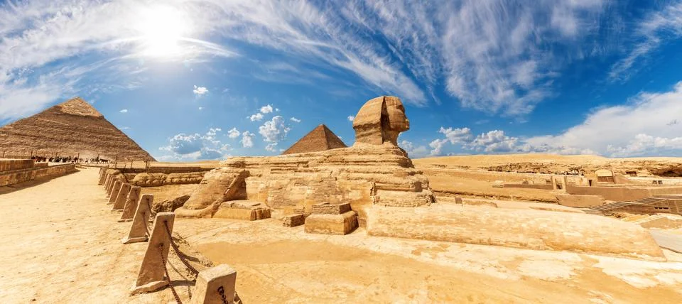 The Sphinx in front of the Pyramids, beautiful panoramic view Stock Photos