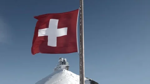 Sphinx Observatory At Top Of Jungfraujoch and Swiss Flag on Snowcapped Mountain Stock Footage 320201808